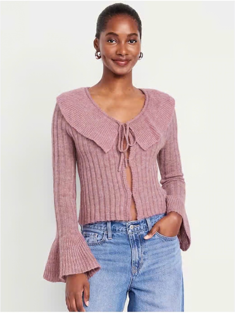 Old Navy Ribbed Tie-Front Sweater with Peter Pan Collar - Dusty Rose